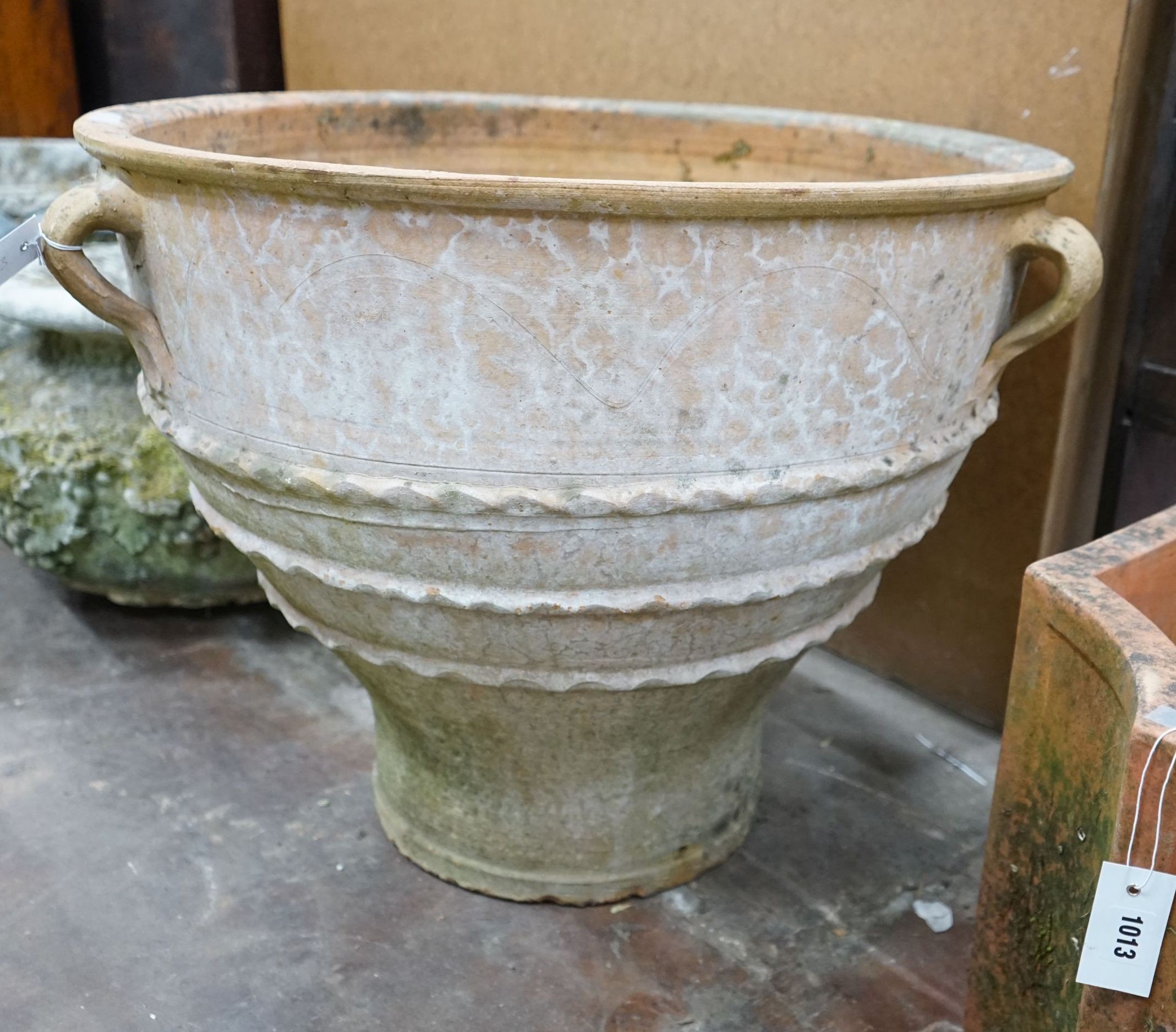 A large Greek style circular terracotta garden planter, diameter 72cm, height 59cm